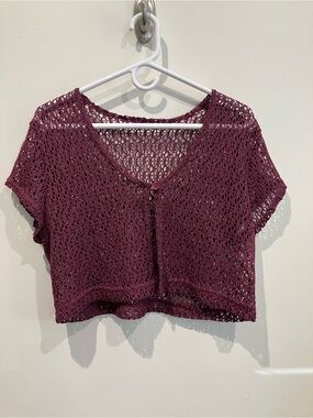 Vtg Cropped Open-Knit Button Front Top - Deep Berry